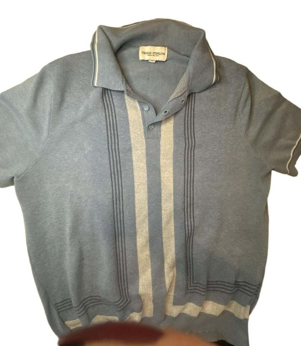 Thomas Sterling Knit Polo Shirt Size L Blue Vertical Panel Stripe